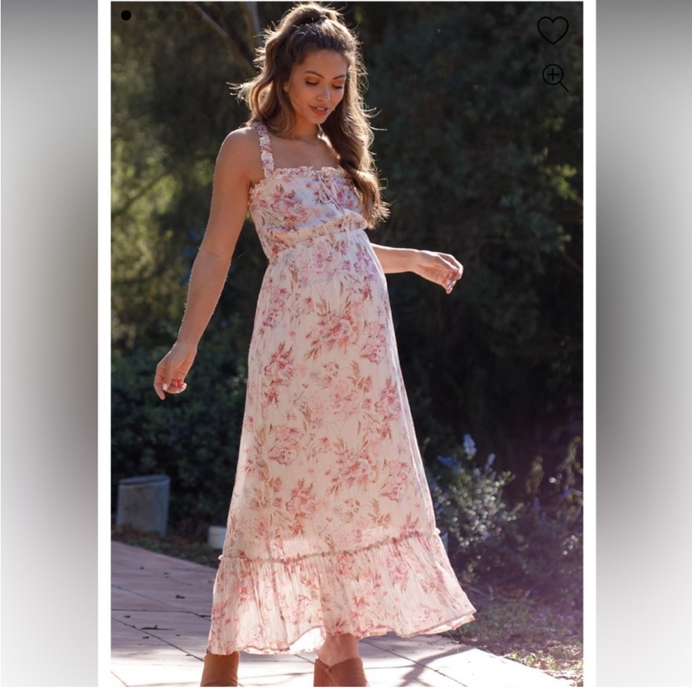 Pinkblush Cream Floral Shimmer Lace-Up Maternity Maxi Dress - Picture 3 of 4
